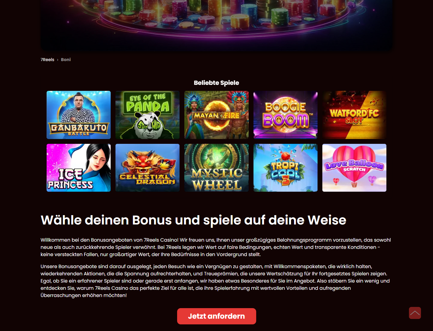 7Reels bonus page with the popular slots grid