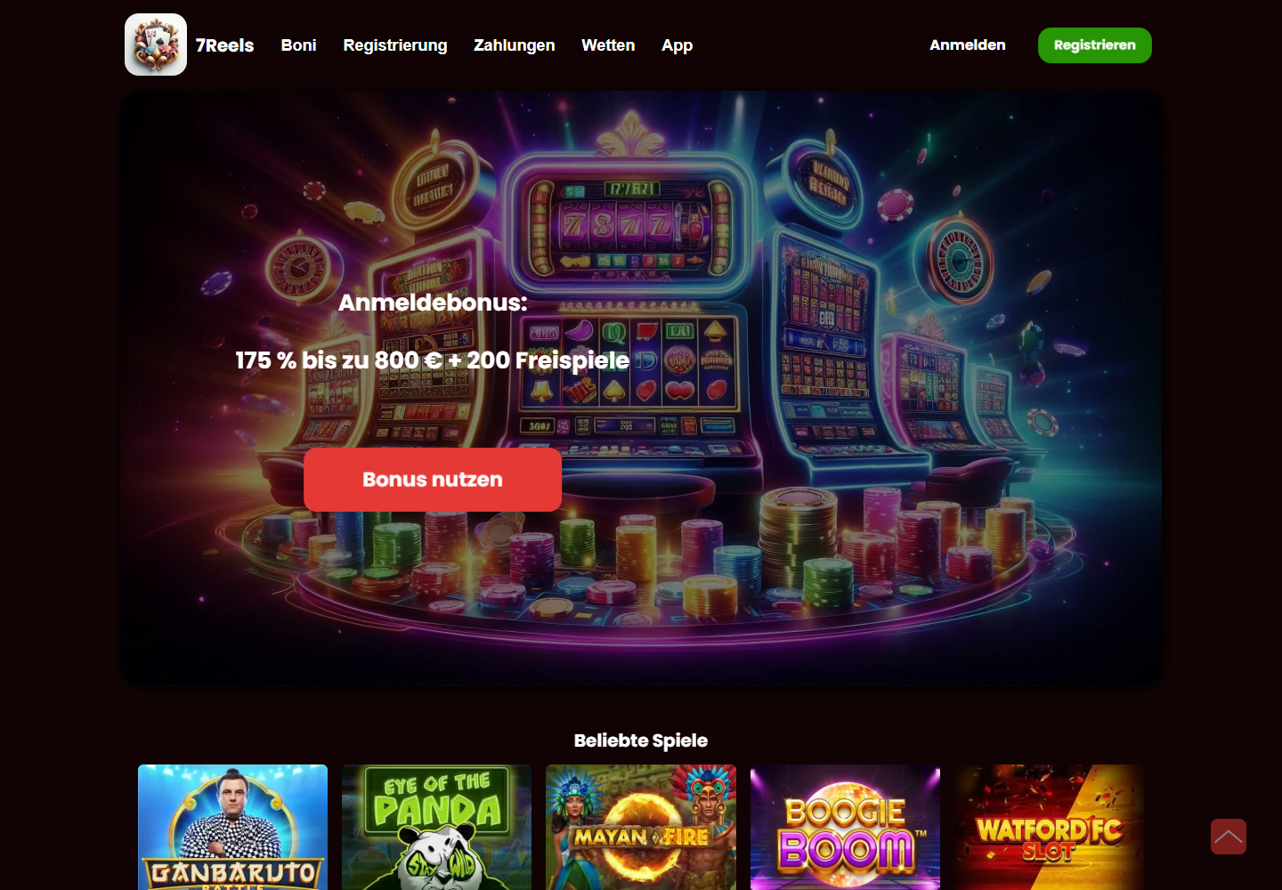 7Reels casino homepage with registration bonus and colourful slot machines