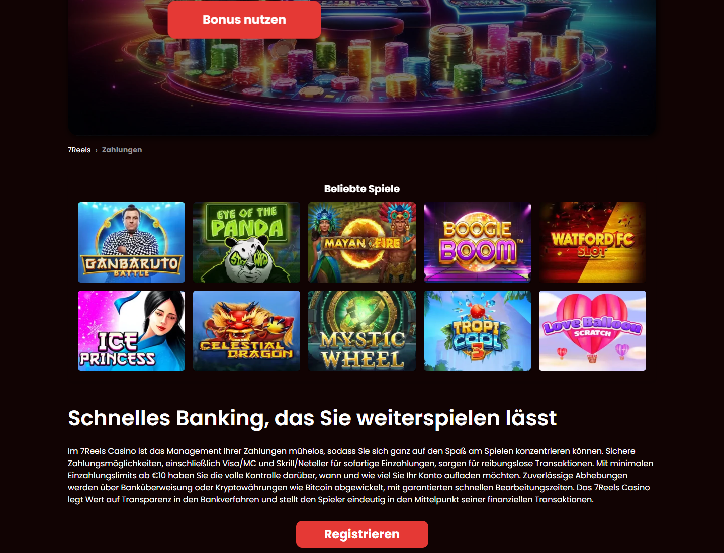 7Reels payment centre with banking content and game navigation